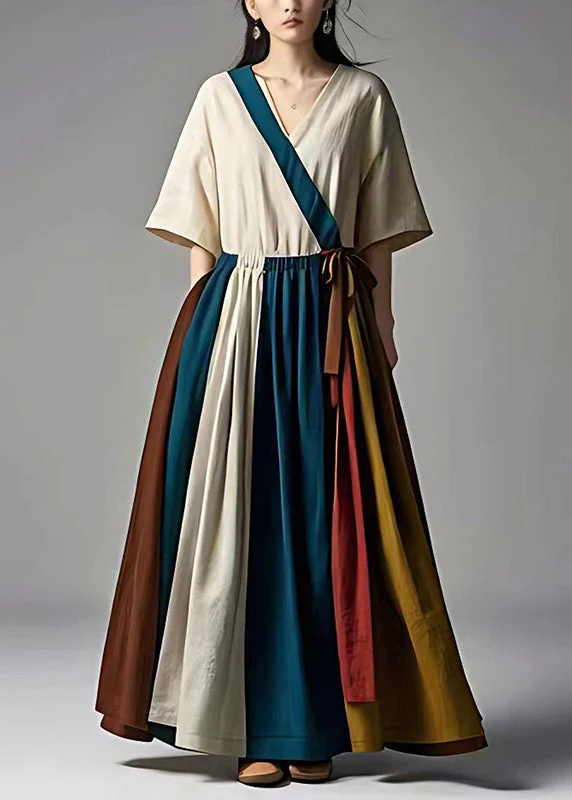 Ethnic Style White Cinched Patchwork Cotton Dresses Summer - Image 2