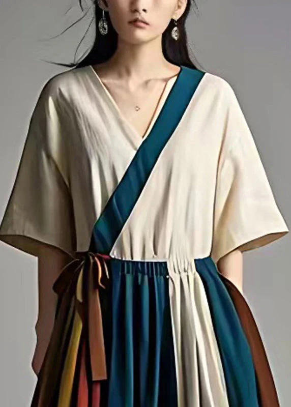 Ethnic Style White Cinched Patchwork Cotton Dresses Summer - Image 3
