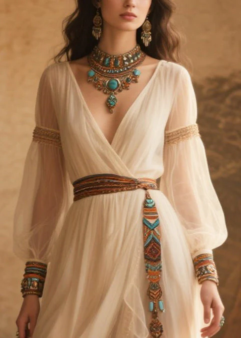 Ethnic Style White Tasseled Tulle Tunic Dress Summer - Image 2