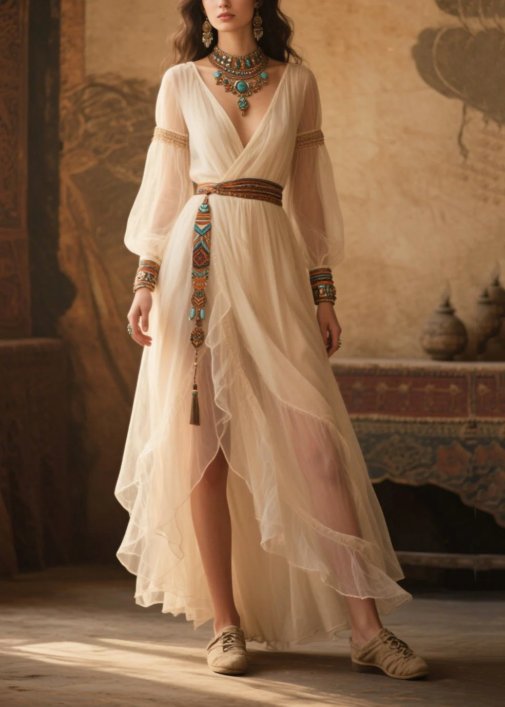 Ethnic Style White Tasseled Tulle Tunic Dress Summer - Image 3