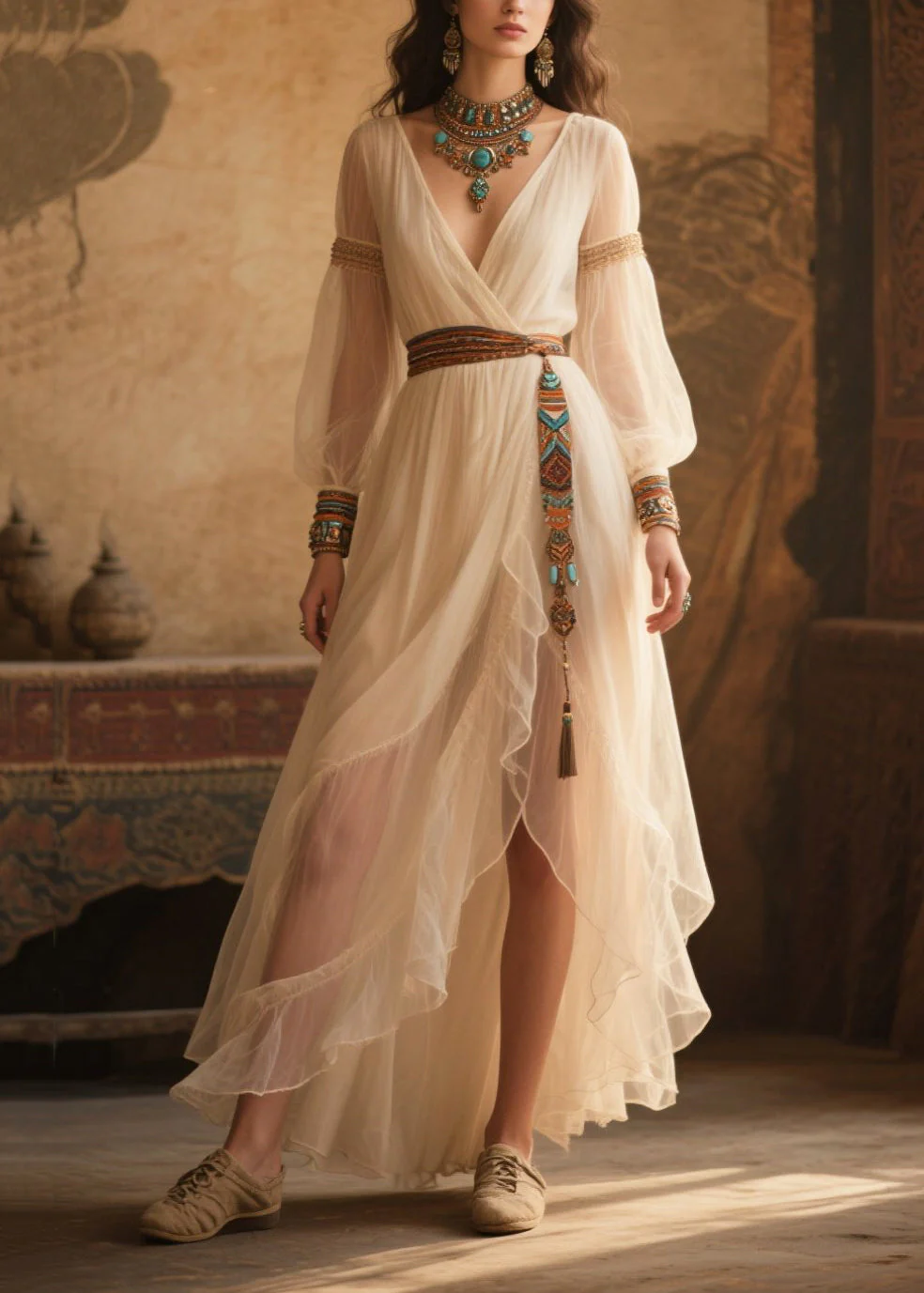 Ethnic Style White Tasseled Tulle Tunic Dress Summer - Image 5