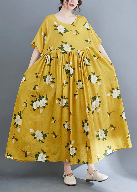 Ethnic Style Yellow O-Neck Cinched Print Long Dresses Short Sleeve - Image 4