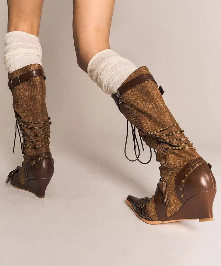 European And American New Brown Strap Zipper Western Cowboy Boots - Image 5