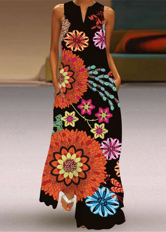 European And American Style Black V Neck Print Chiffon Dresses Sleeveless - Image 3