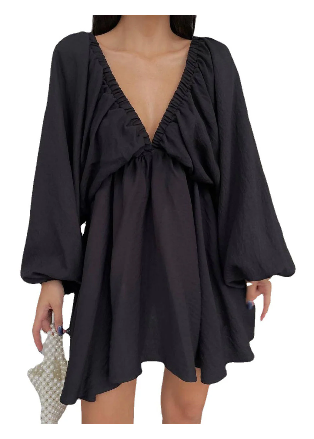 European And American Style Lantern Sleeve Sexy V Neck Short Dress - Image 5