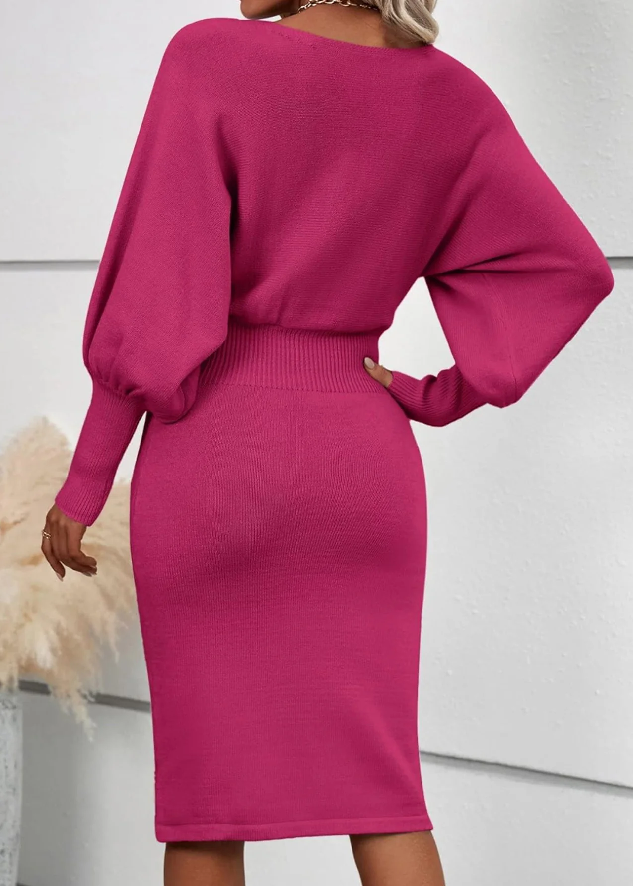 European And American Style Rose O-Neck Knit Dress Lantern Sleeve - Image 5
