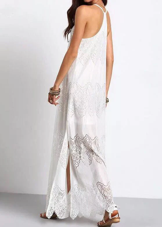 European And American Style White V Neck Lace Spaghetti Strap Dress Summer - Image 2