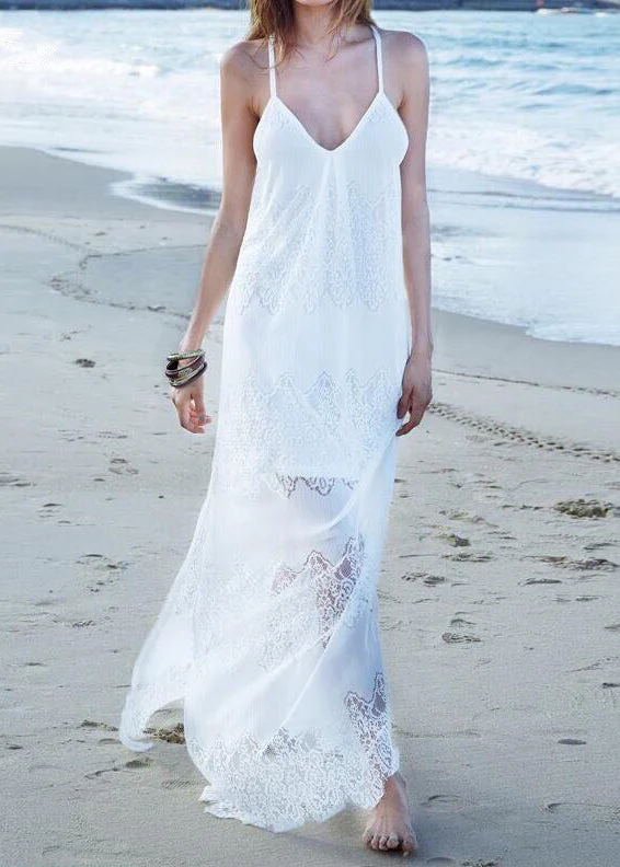 European And American Style White V Neck Lace Spaghetti Strap Dress Summer - Image 3