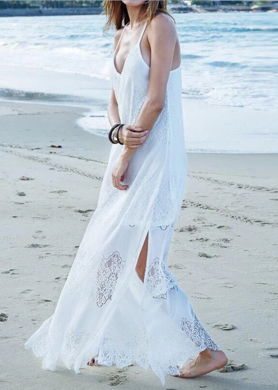 European And American Style White V Neck Lace Spaghetti Strap Dress Summer - Image 4