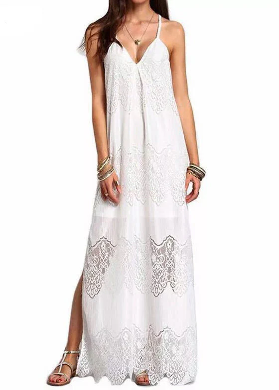 European And American Style White V Neck Lace Spaghetti Strap Dress Summer - Image 5