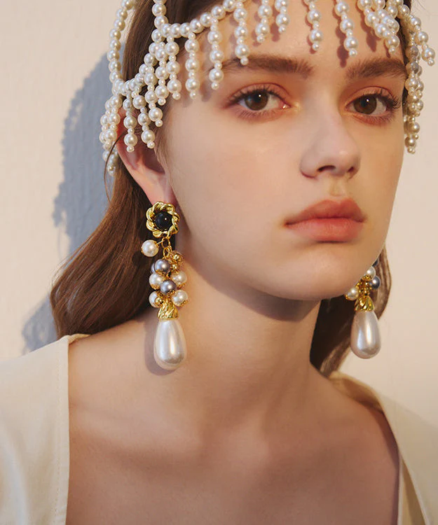 Exaggeration Gold Grape Bunches Pearl Water Drop Alloy Drop Earrings