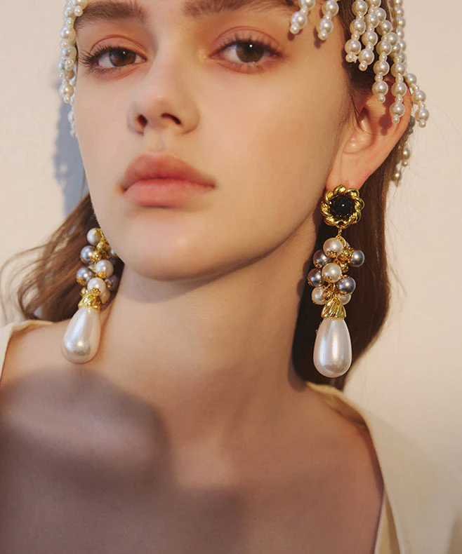 Exaggeration Gold Grape Bunches Pearl Water Drop Alloy Drop Earrings - Image 2