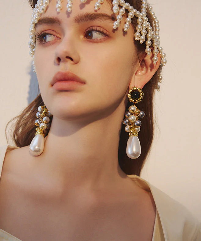 Exaggeration Gold Grape Bunches Pearl Water Drop Alloy Drop Earrings - Image 3