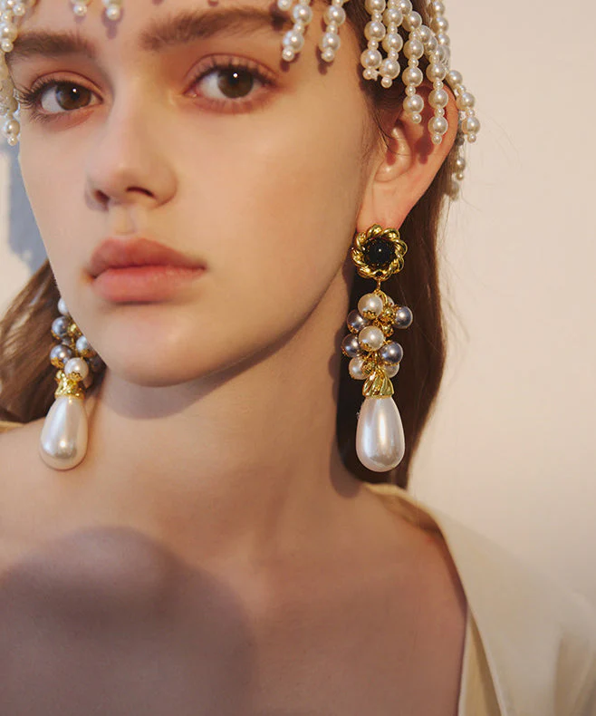 Exaggeration Gold Grape Bunches Pearl Water Drop Alloy Drop Earrings - Image 4
