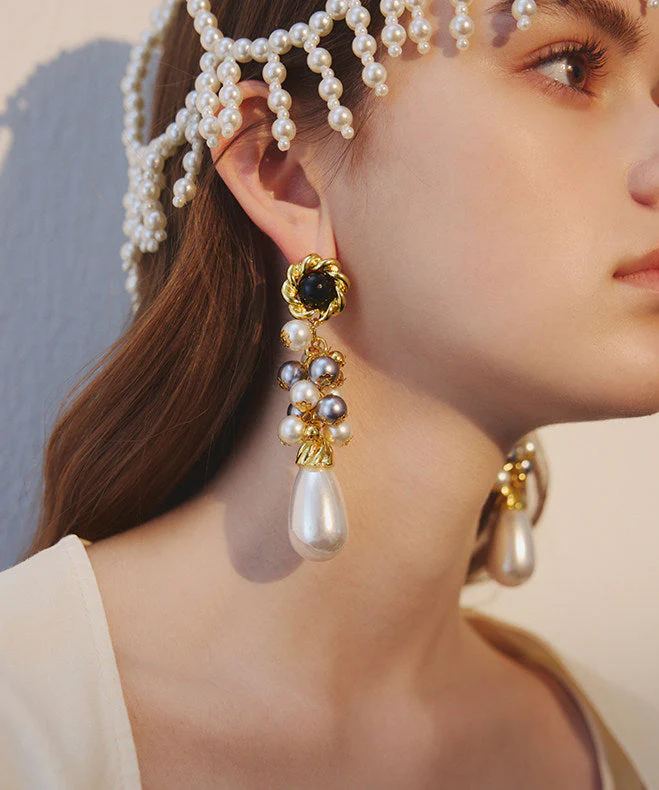 Exaggeration Gold Grape Bunches Pearl Water Drop Alloy Drop Earrings - Image 5
