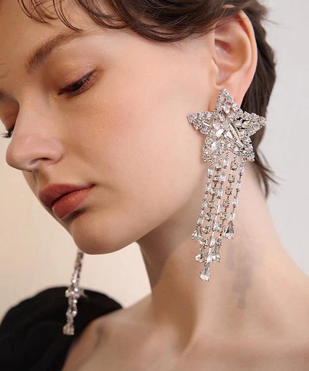 Exaggeration Silk Zircon Five Pointed Star Tassels Silver Plated Stud Earrings