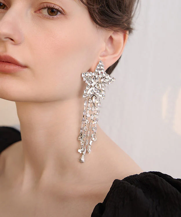 Exaggeration Silk Zircon Five Pointed Star Tassels Silver Plated Stud Earrings - Image 5