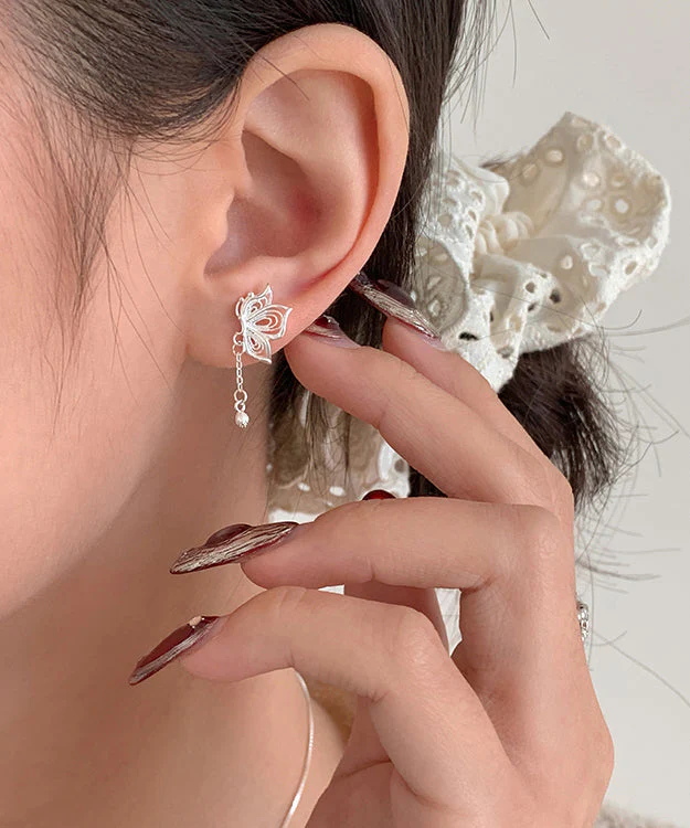 Exquisite Silver Butterfly Tassel Stud Earrings - Image 2