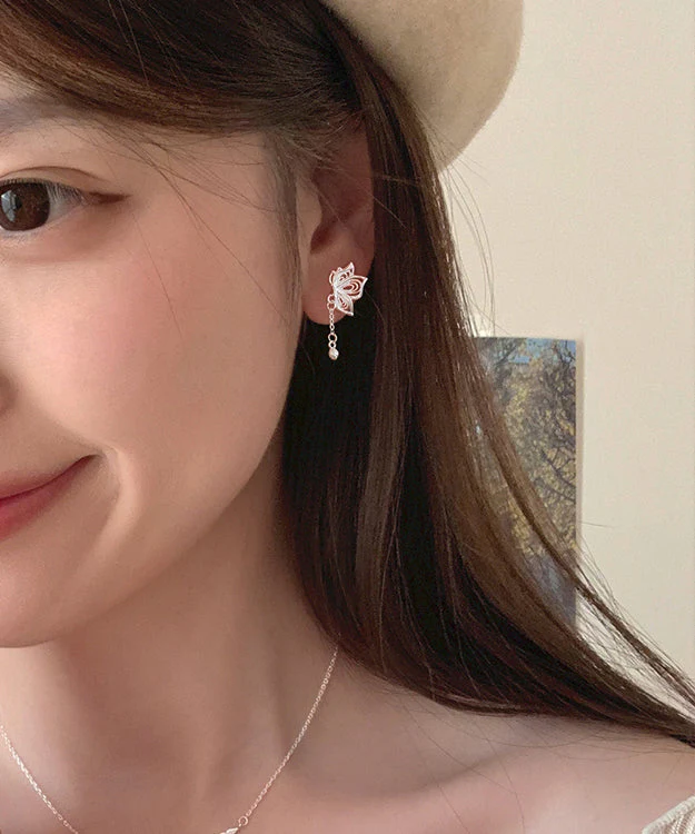Exquisite Silver Butterfly Tassel Stud Earrings - Image 3