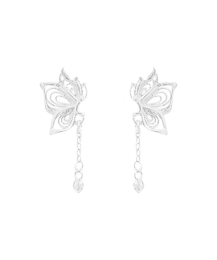 Exquisite Silver Butterfly Tassel Stud Earrings - Image 5