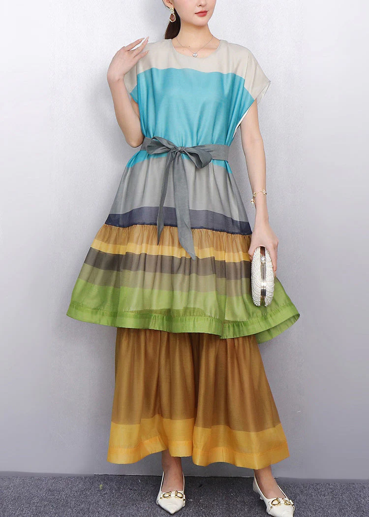 Eye Catching Color Blue Block Tiered Patchwork Cotton Long Dress - Image 2