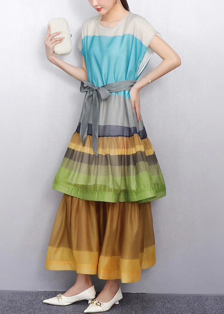 Eye Catching Color Blue Block Tiered Patchwork Cotton Long Dress - Image 3