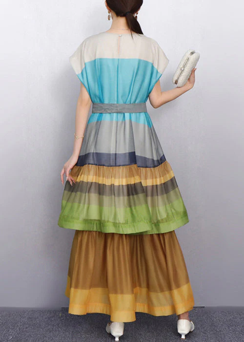 Eye Catching Color Blue Block Tiered Patchwork Cotton Long Dress - Image 4