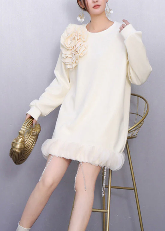 Fall Beige Floral Decorated Crystal Tassel Patchwork Dress - Image 3