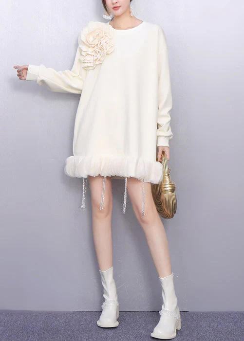 Fall Beige Floral Decorated Crystal Tassel Patchwork Dress - Image 5