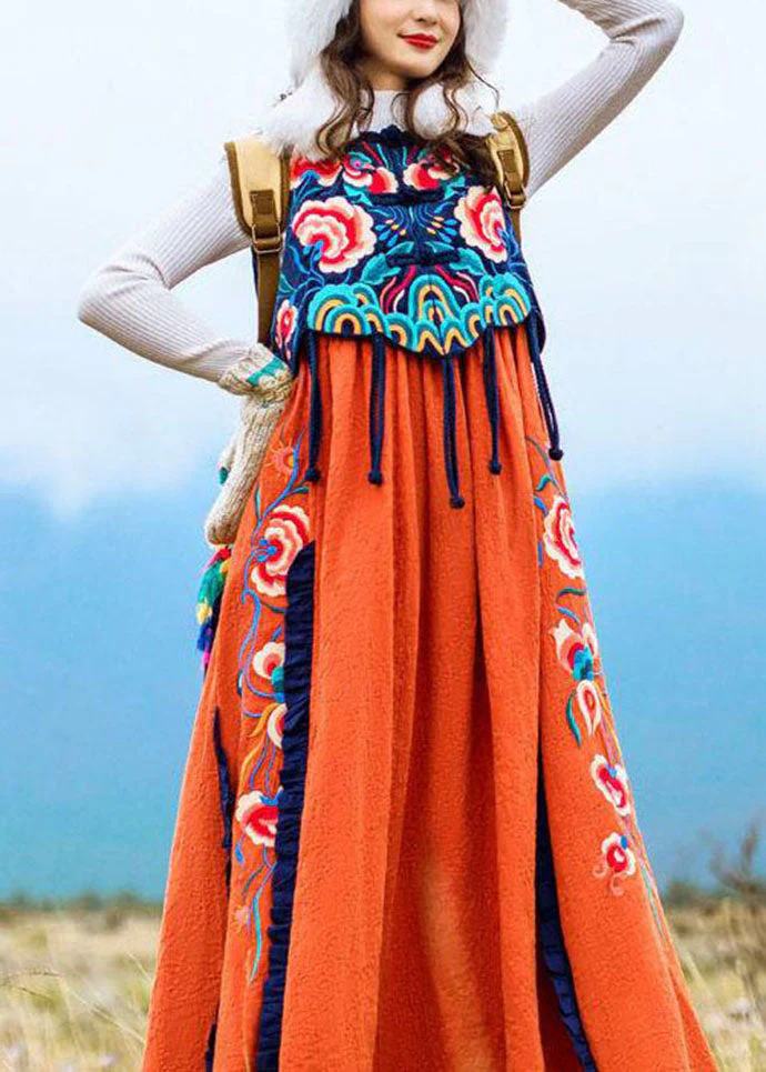Famous family style Orange Embroideried O-Neck Embroideried Patchwork Long Dress Sleeveless - Image 2