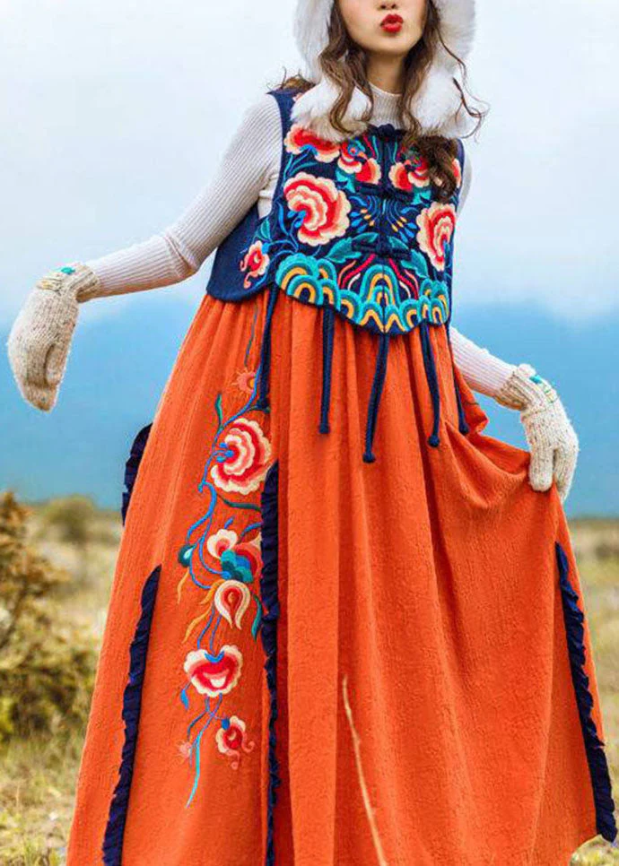 Famous family style Orange Embroideried O-Neck Embroideried Patchwork Long Dress Sleeveless - Image 3