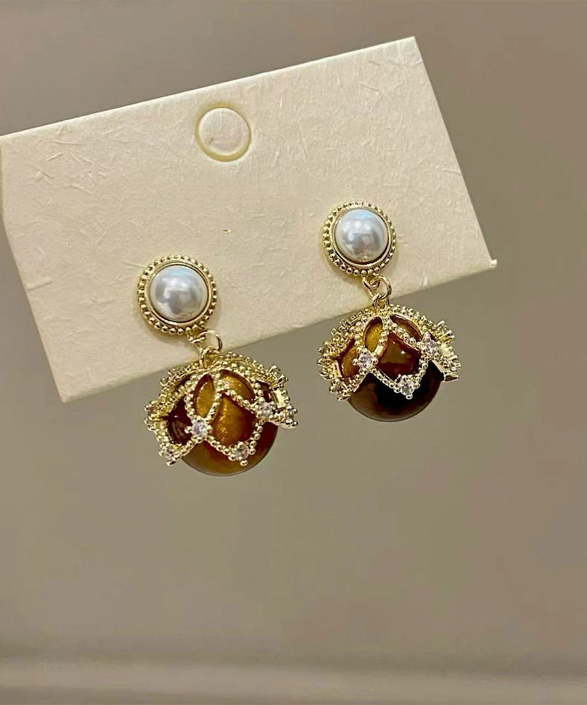 Fashion Amber Copper Overgild Zircon Pearl Drop Earrings - Image 3