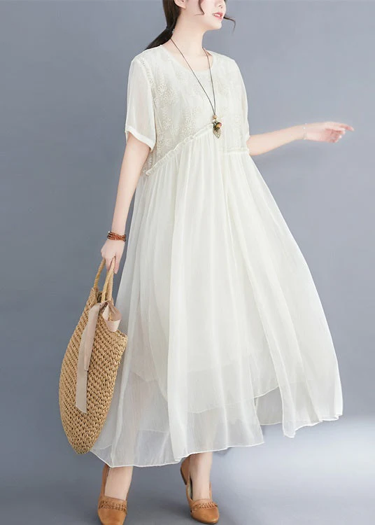 Fashion Apricot asymmetrical design Silk Dresses Short Sleeve - Image 2