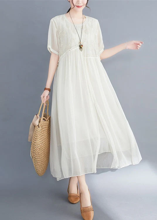 Fashion Apricot asymmetrical design Silk Dresses Short Sleeve - Image 3
