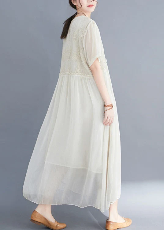Fashion Apricot asymmetrical design Silk Dresses Short Sleeve - Image 4