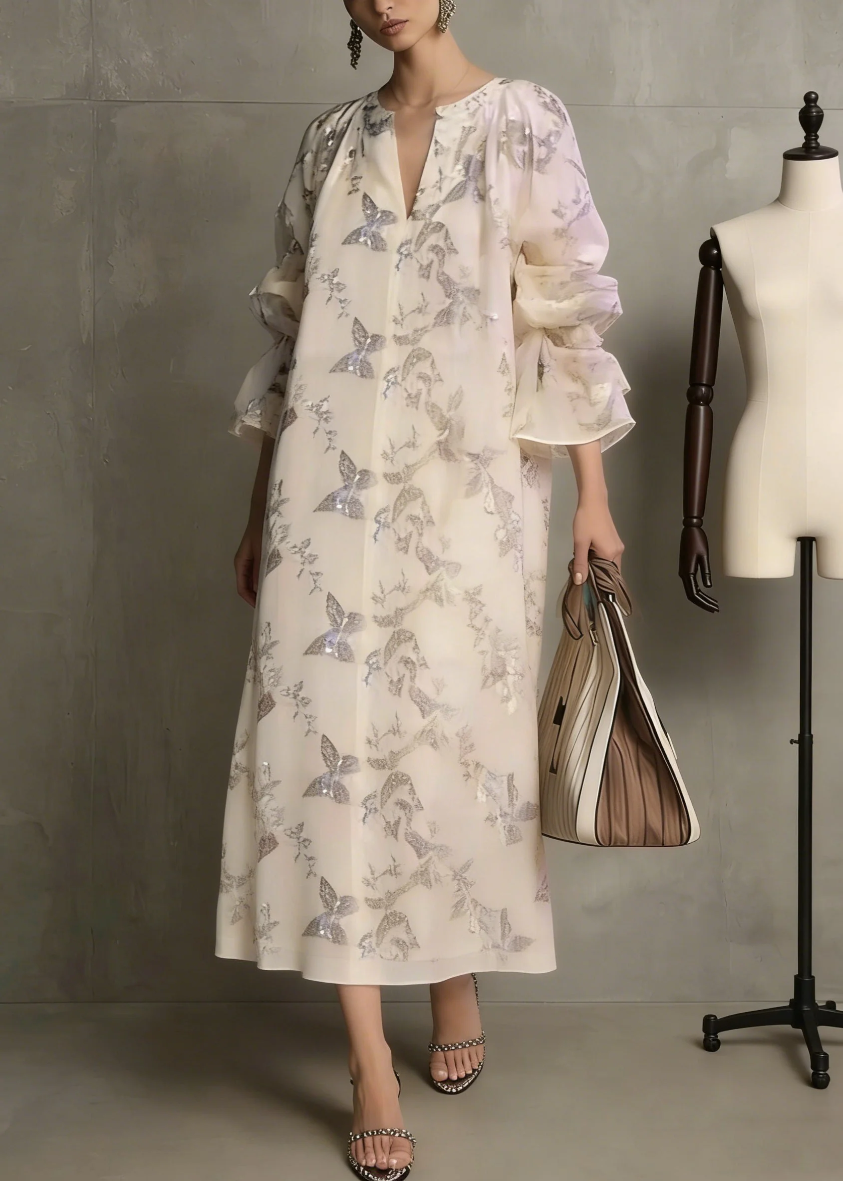 Fashion Apricot Butterfly Sequins Cotton Dress Flare Sleeve
