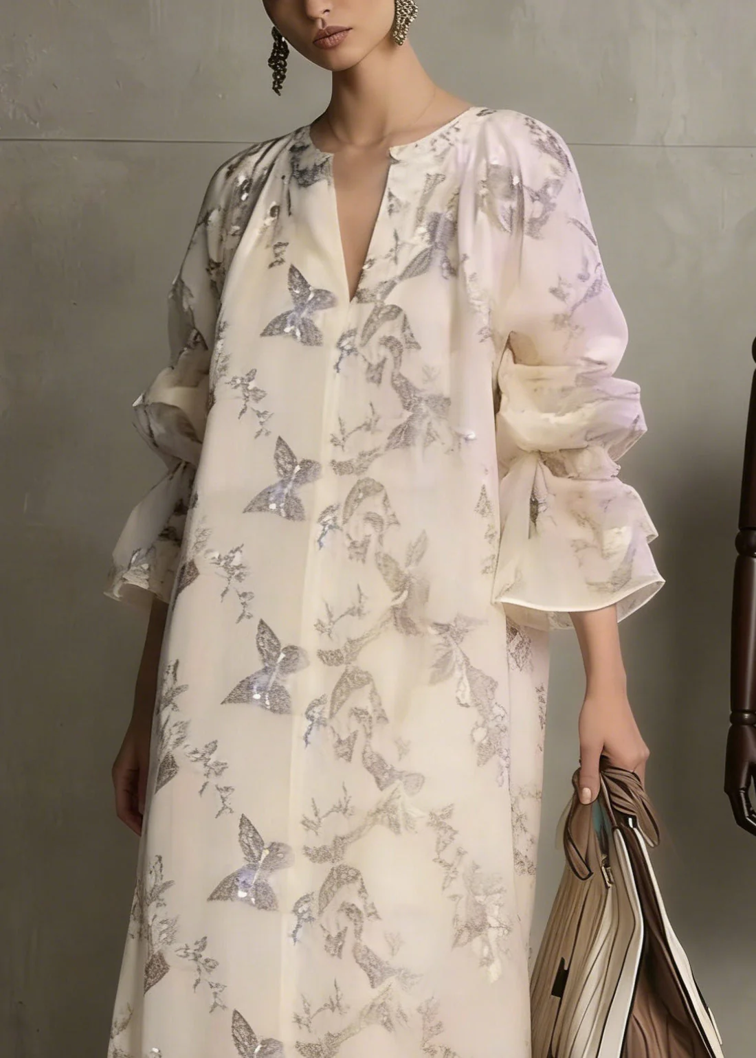 Fashion Apricot Butterfly Sequins Cotton Dress Flare Sleeve - Image 2