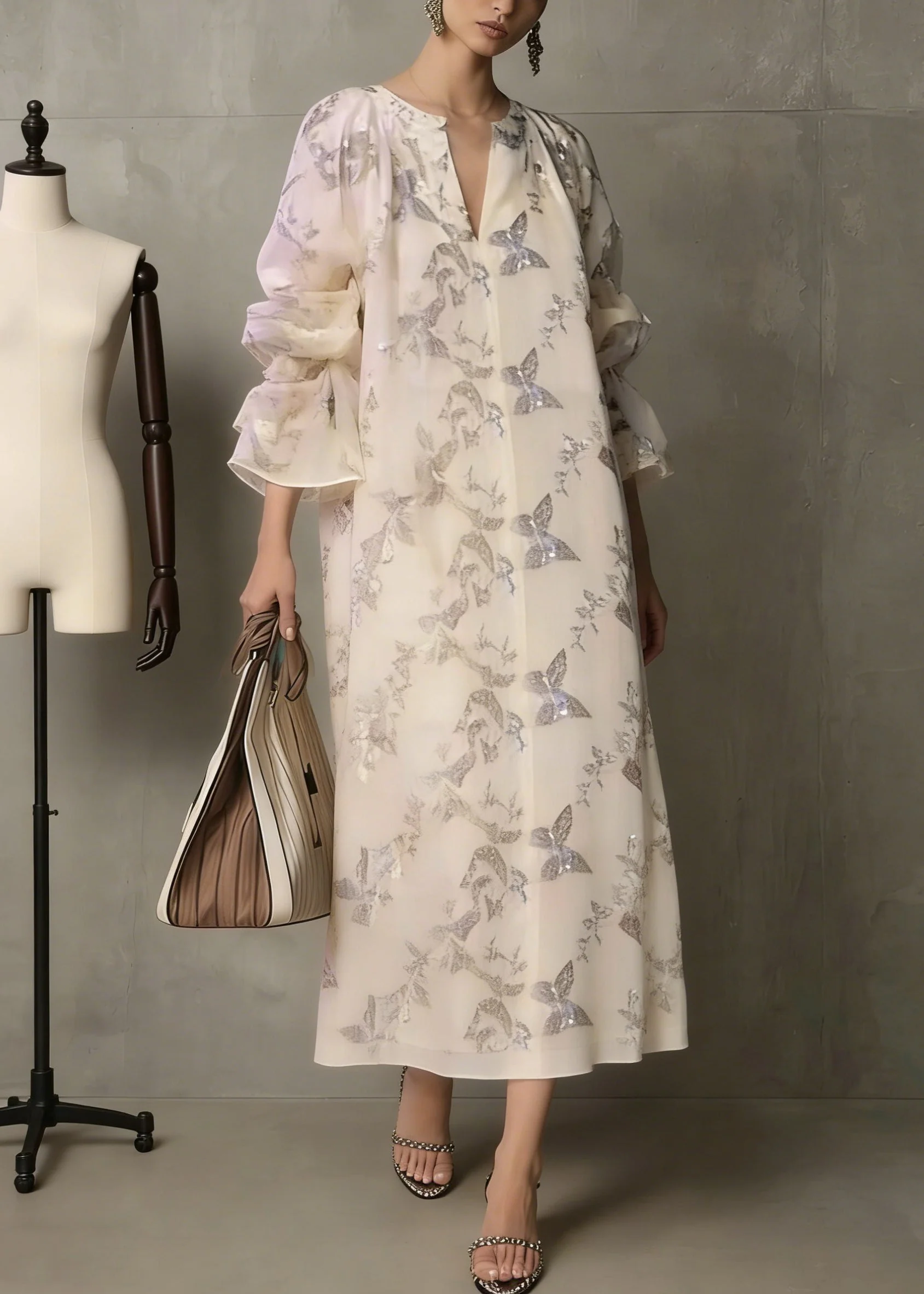 Fashion Apricot Butterfly Sequins Cotton Dress Flare Sleeve - Image 3