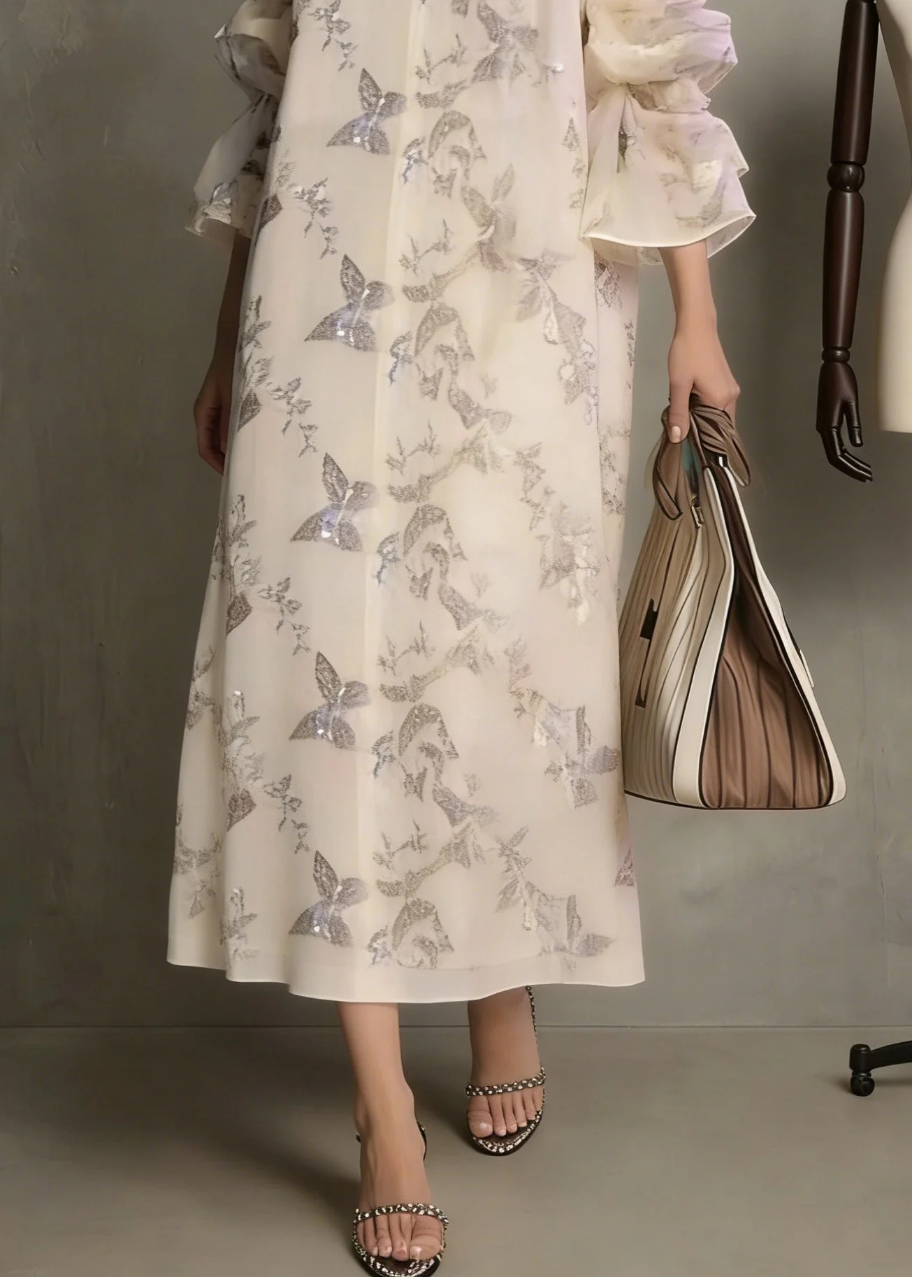 Fashion Apricot Butterfly Sequins Cotton Dress Flare Sleeve - Image 4