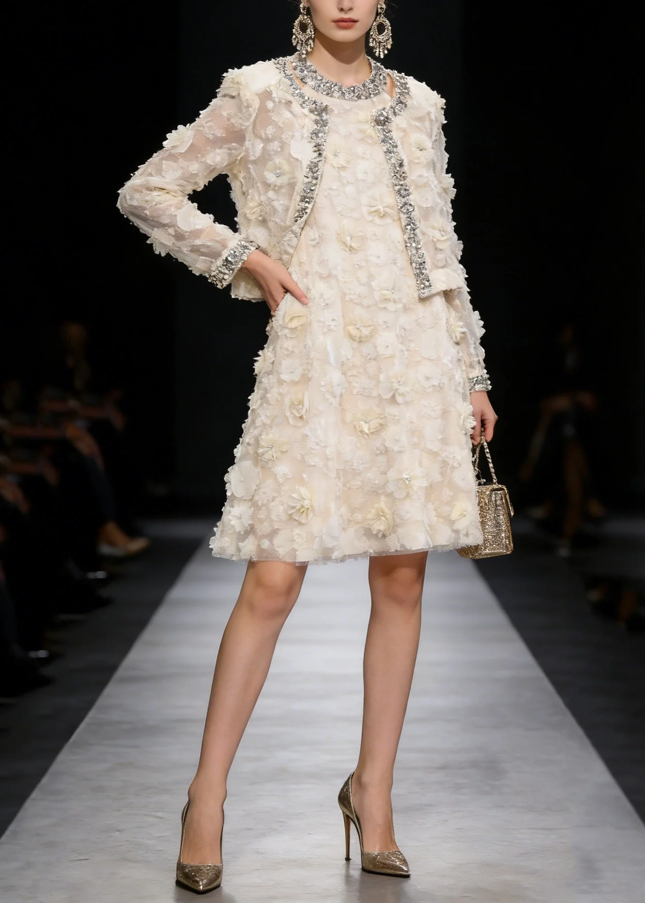 Fashion Apricot Floral Coat And Dress Tulle Two Piece Suit Set Spring