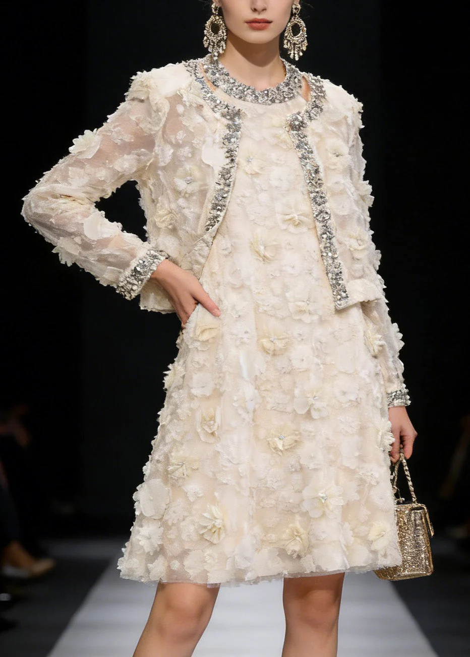 Fashion Apricot Floral Coat And Dress Tulle Two Piece Suit Set Spring - Image 2