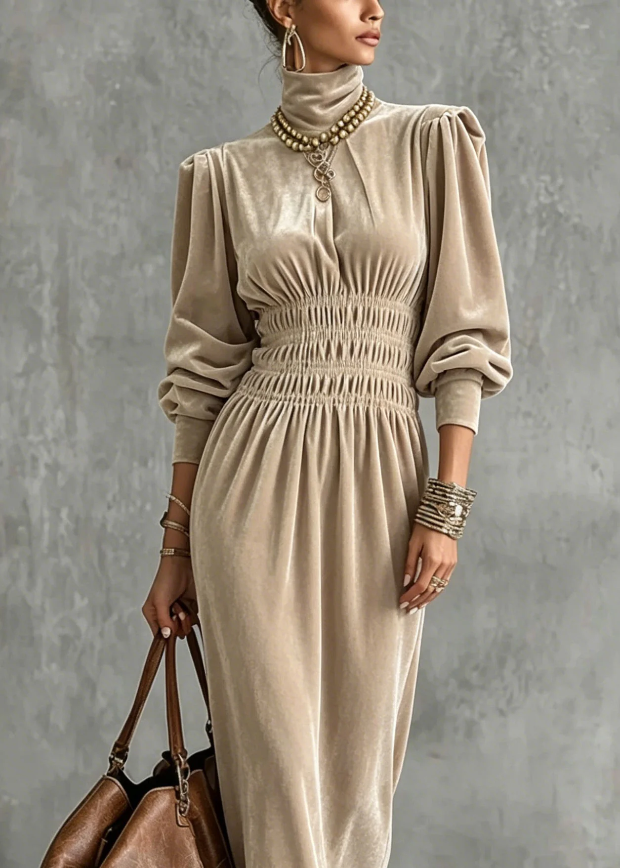 Fashion Apricot Hign Neck Wrinkled Patchwork Velvet Dress Lantern Sleeve - Image 2