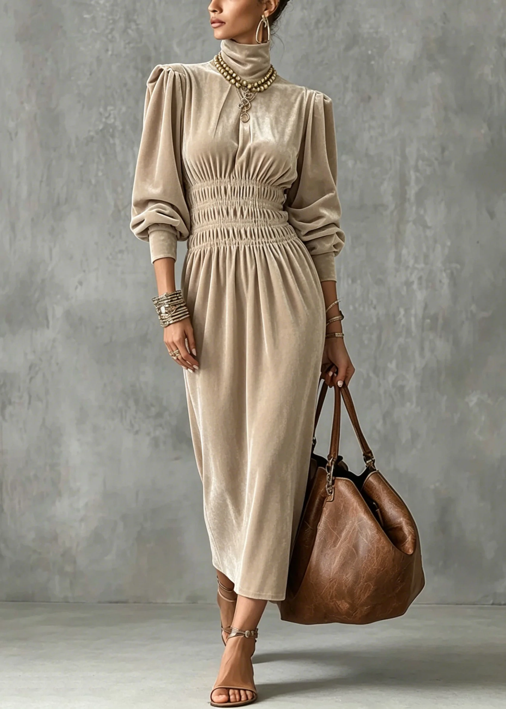 Fashion Apricot Hign Neck Wrinkled Patchwork Velvet Dress Lantern Sleeve - Image 3