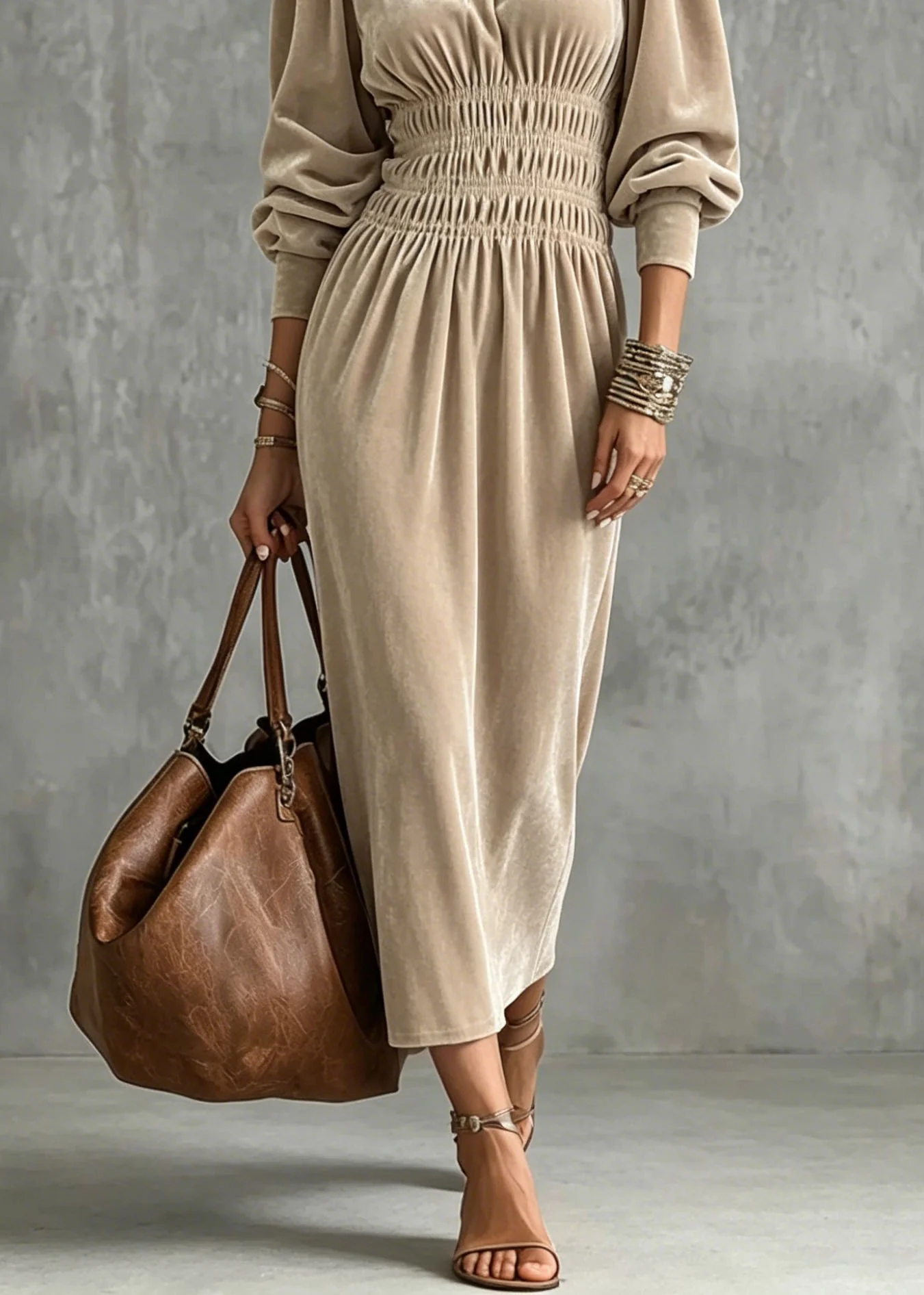 Fashion Apricot Hign Neck Wrinkled Patchwork Velvet Dress Lantern Sleeve - Image 4