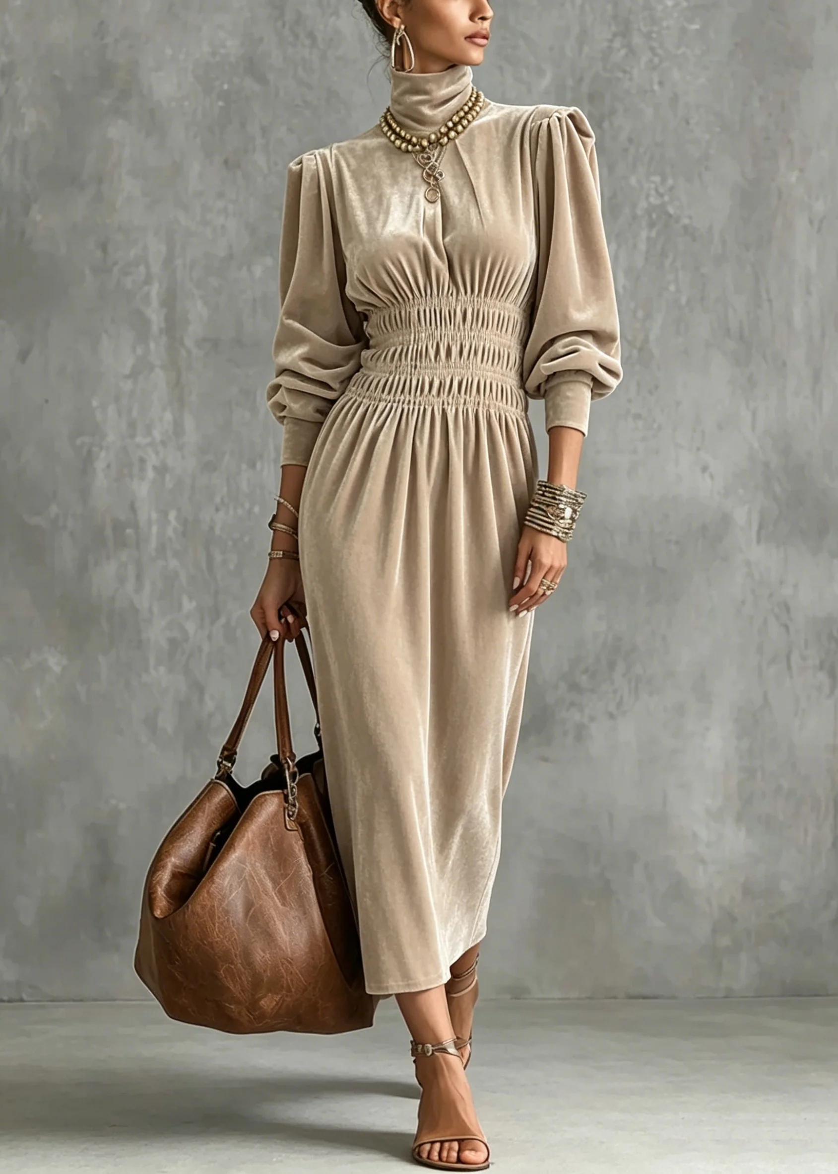 Fashion Apricot Hign Neck Wrinkled Patchwork Velvet Dress Lantern Sleeve - Image 5