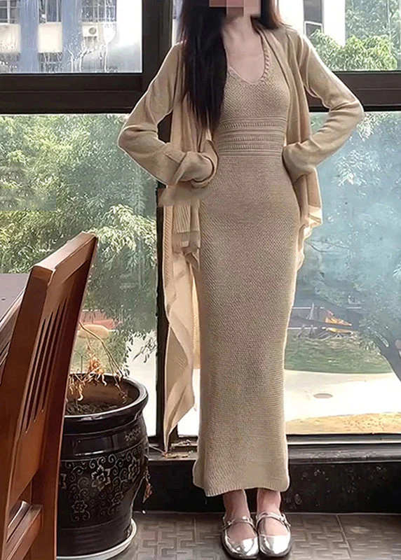 Fashion Apricot O-Neck Halter Tunic Knit Cardigans And Long Dress Two Piece Set Spring - Image 2
