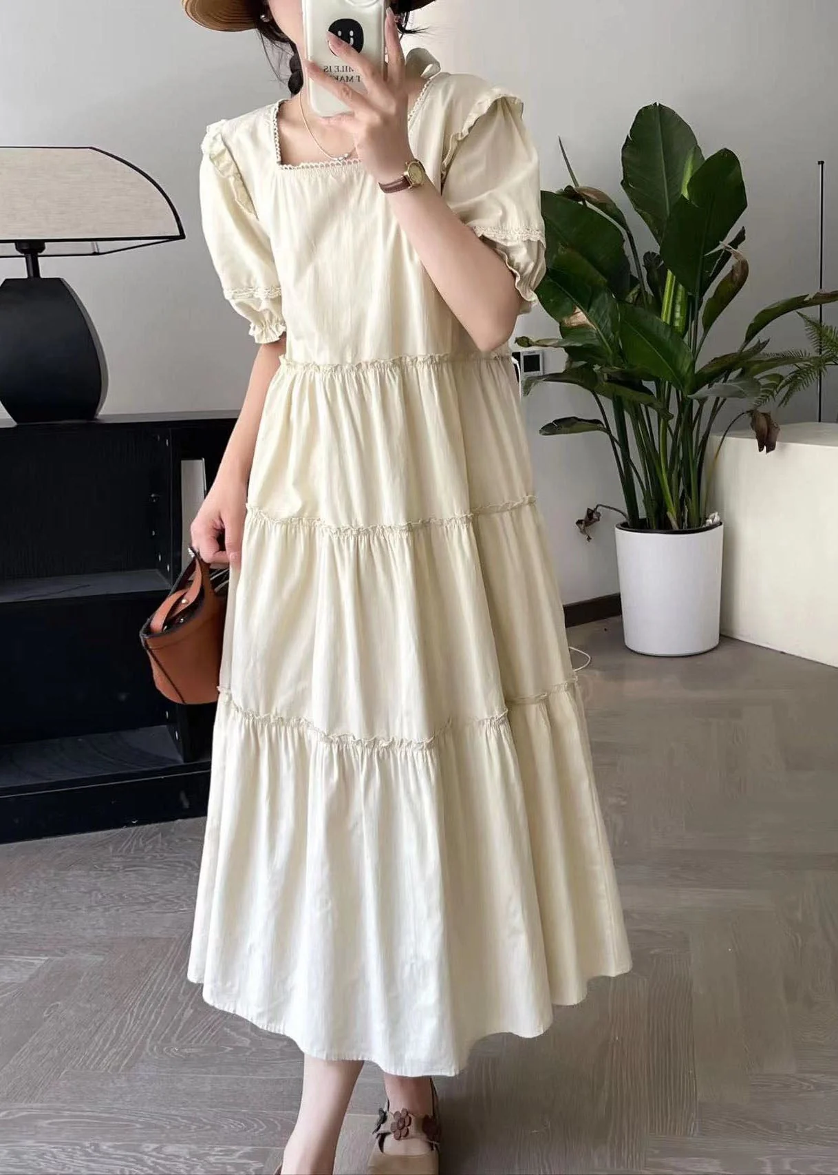 Fashion Apricot Square Collar Long Dress Short Sleeve - Image 2