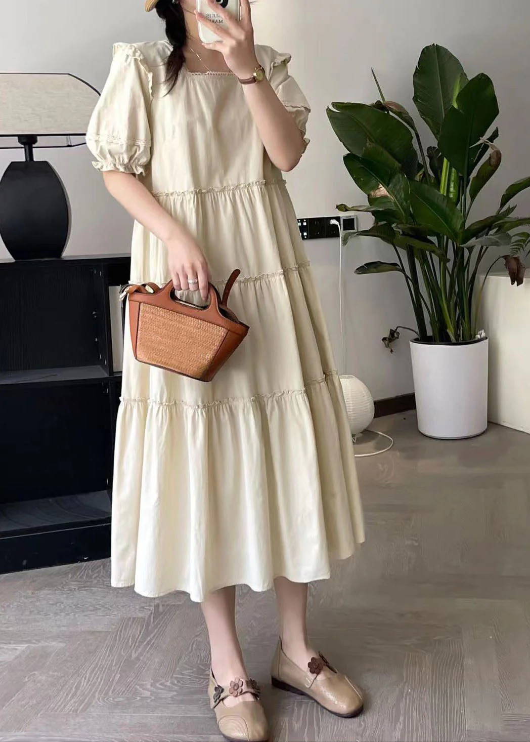 Fashion Apricot Square Collar Long Dress Short Sleeve - Image 3