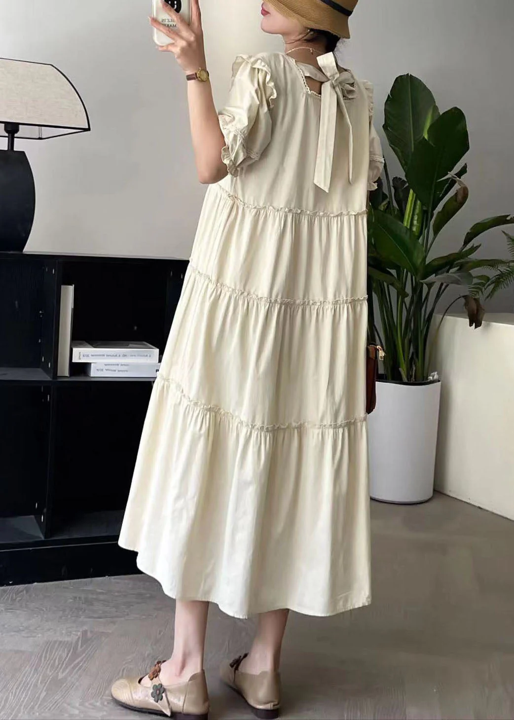 Fashion Apricot Square Collar Long Dress Short Sleeve - Image 4