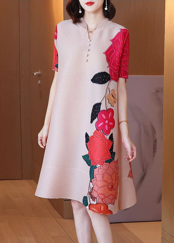 Fashion Apricot Stand Collar Wrinkled Print Silk A Line Dress Short Sleeve - Image 4